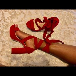 Red suede lace up heels